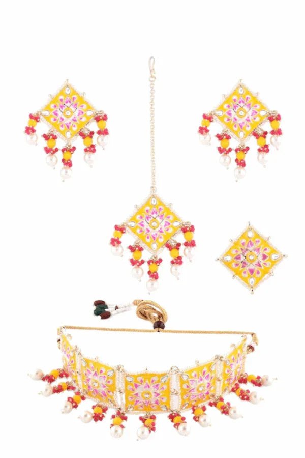 Yellow & Pink Stone-Beaded Meenakari Choker Necklace Jewellery Set (Outside Ontario) - myethnicrentals