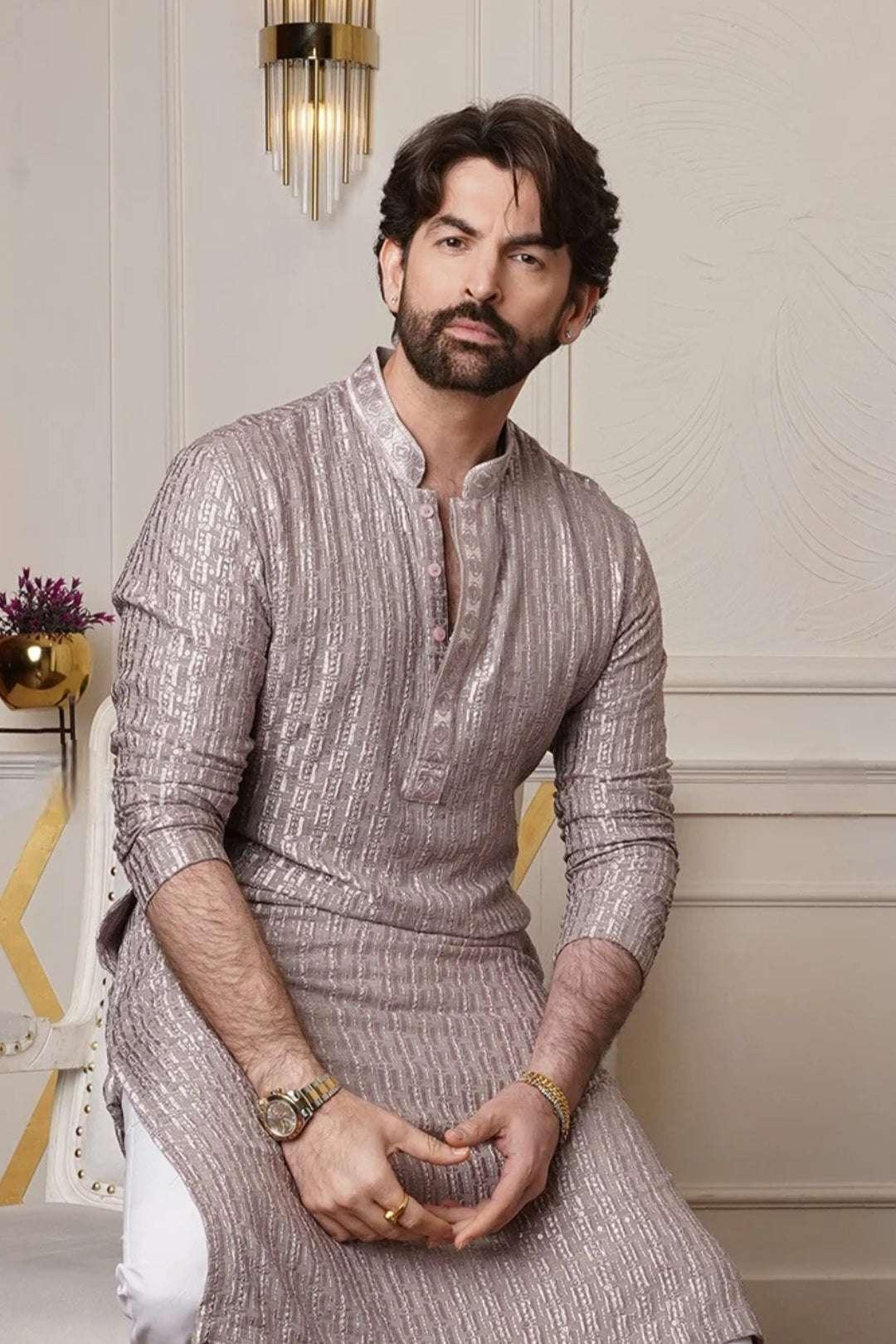 Textured Taupe Metallic Kurta Set - myethnicrentals