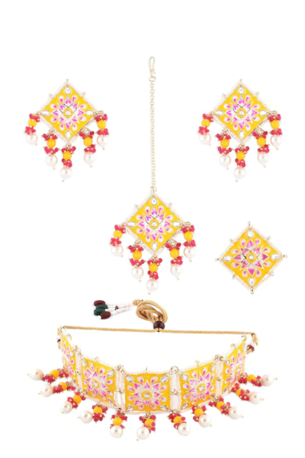 Yellow & Pink Stone-Beaded Meenakari Choker Necklace Jewellery Set