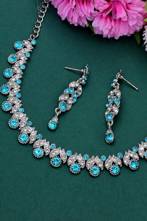 Silver-Plated Crystal-Studded Choker Jewellery Set