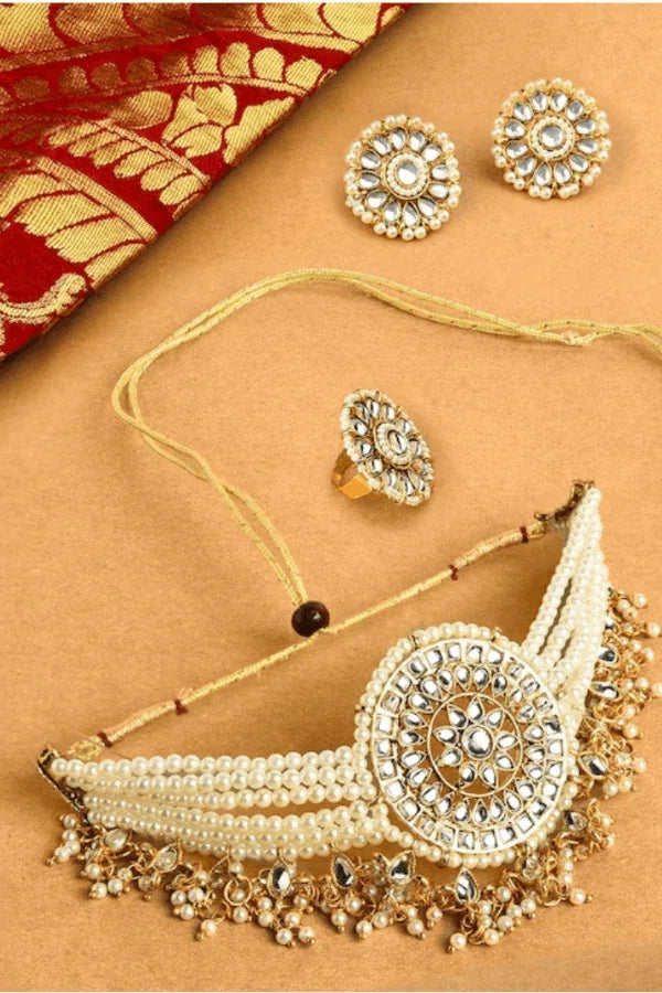 White Kundan-Studded & Pearl Beaded Jewellery Set (Outside Ontario) - myethnicrentals