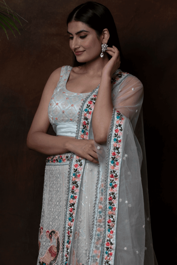 PISTA-GREEN FLORAL LEHENGA