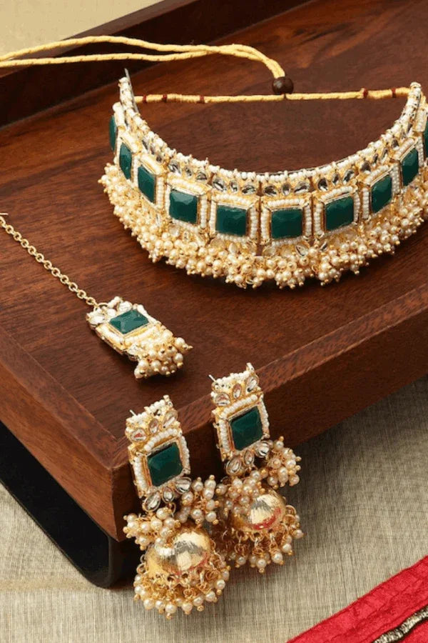Green emerald moti Jewellery Set (Outside Ontario) - myethnicrentals