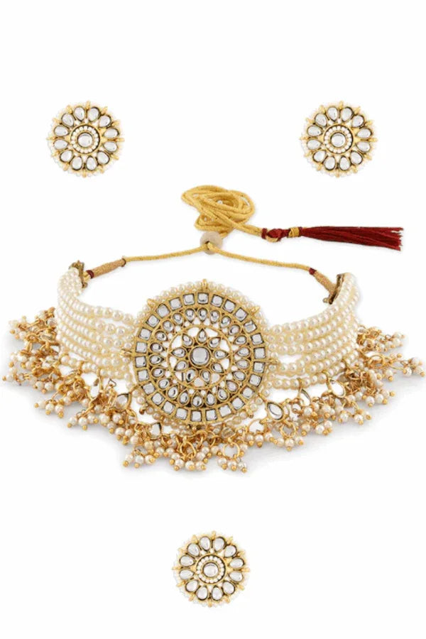 White Kundan-Studded & Pearl Beaded Jewellery Set (Outside Ontario) - myethnicrentals