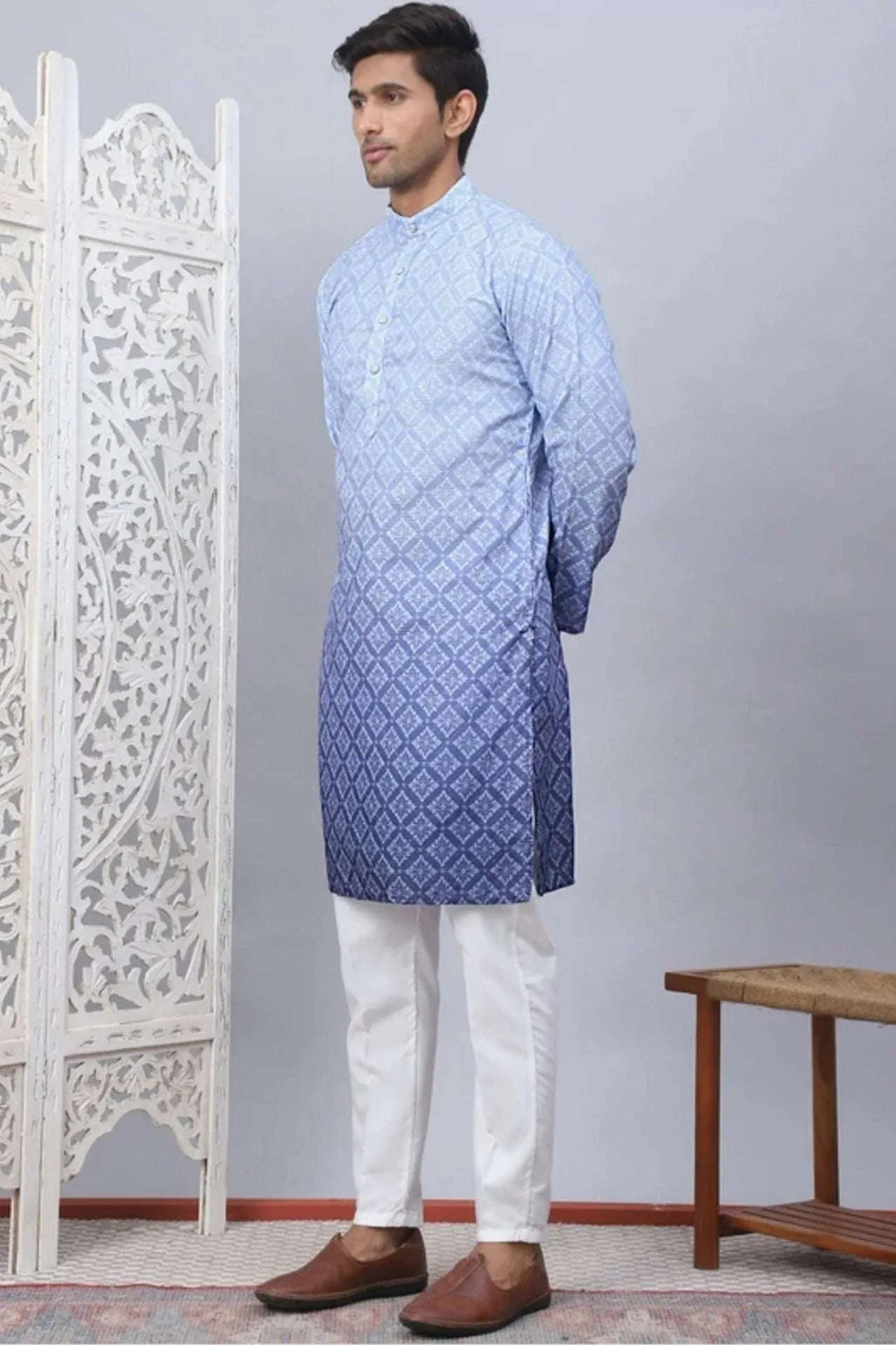 Ombré Indigo Diamond-Print Kurta Set - myethnicrentals