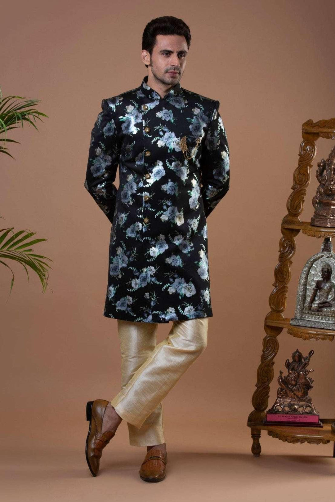 Black Jacquard Indo-Western Set (Size 46) (Outside Ontario) - myethnicrentals