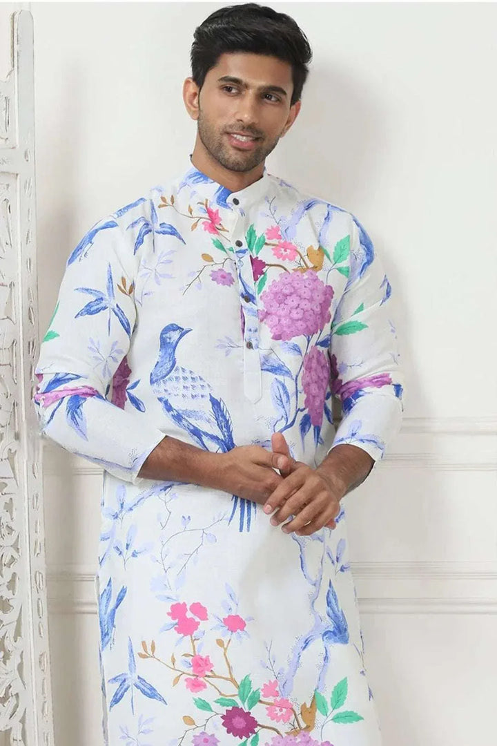 Ivory Multicolor Bird & Bloom Printed Kurta - myethnicrentals