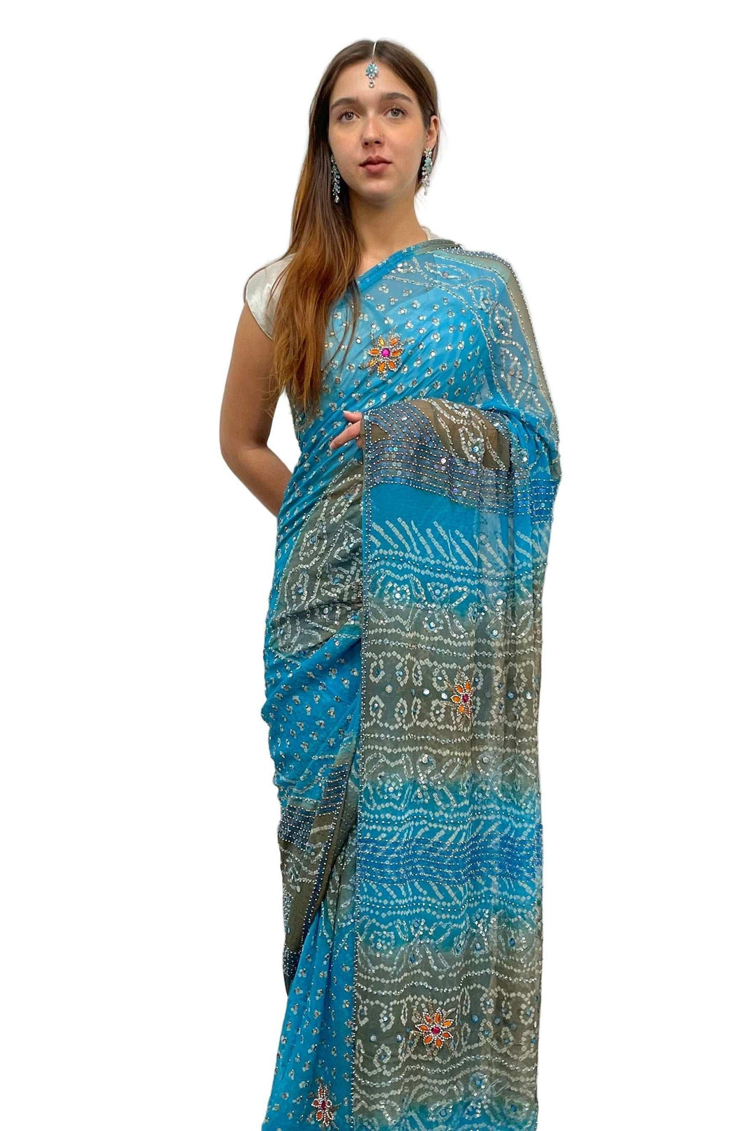 Blue and Grey Georgette Embroidery Saree - myethnicrentals