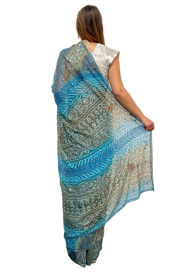 Blue and Grey Georgette Embroidery Saree - myethnicrentals