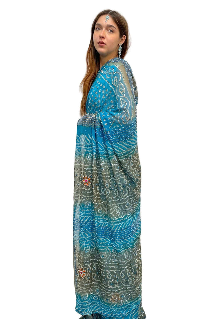 Blue and Grey Georgette Embroidery Saree - myethnicrentals