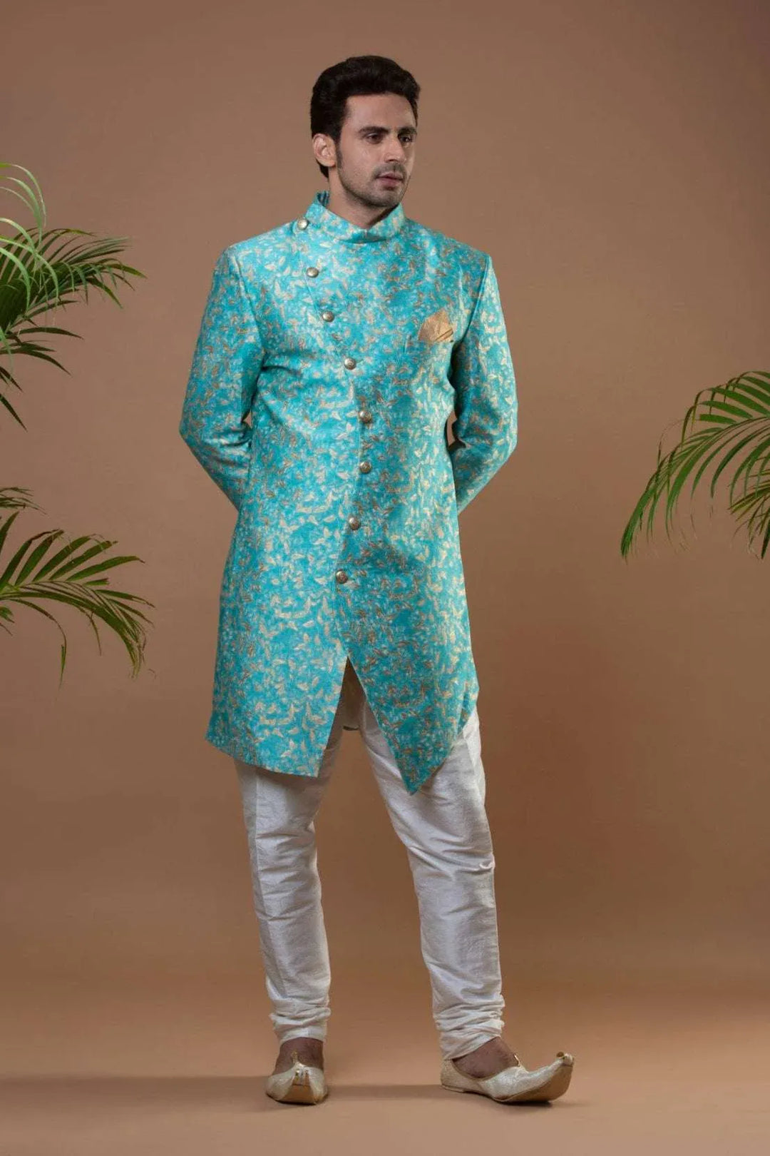 Deep Sky Blue Brocade Indo-Western Set (Outside Ontario) - myethnicrentals