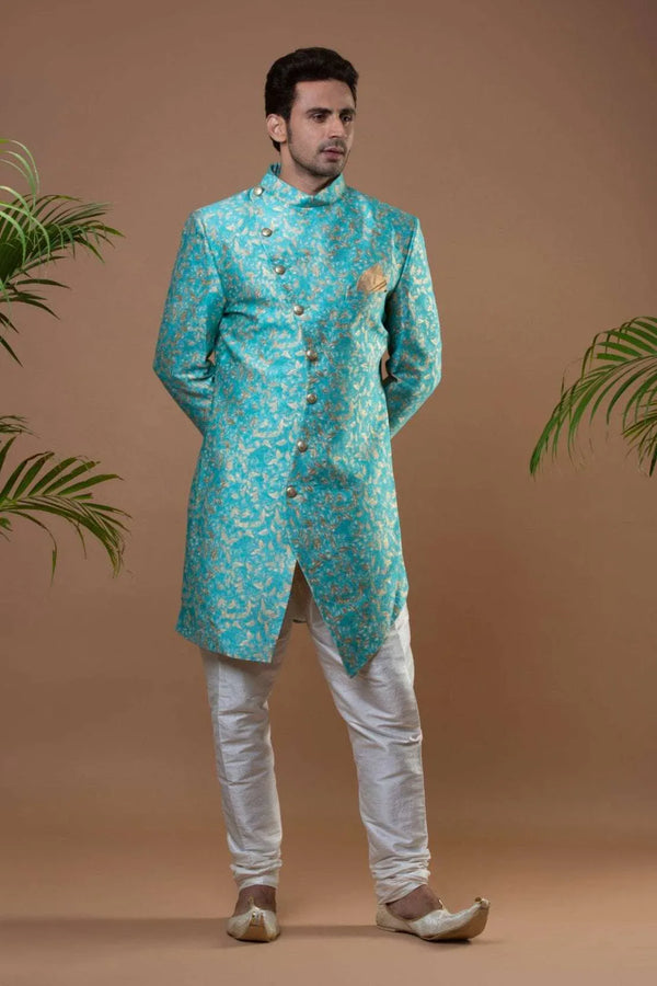 Deep Sky Blue Brocade Indo-Western Set (Outside Ontario) - myethnicrentals