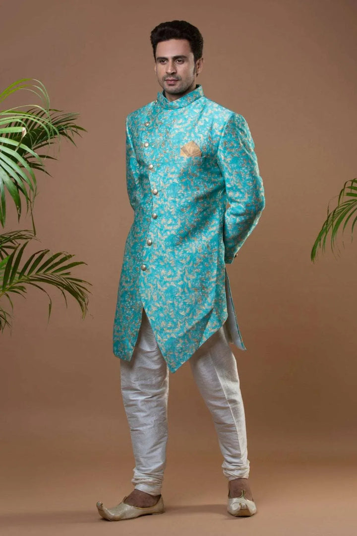 Deep Sky Blue Brocade Indo-Western Set (Outside Ontario) - myethnicrentals