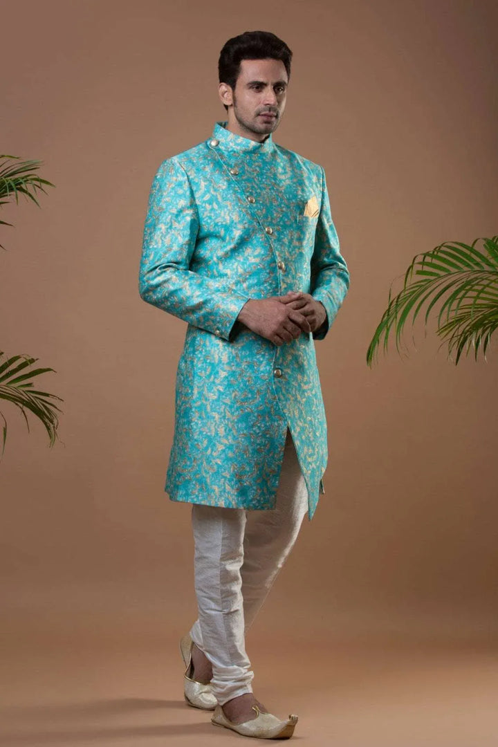 Deep Sky Blue Brocade Indo-Western Set (Outside Ontario) - myethnicrentals