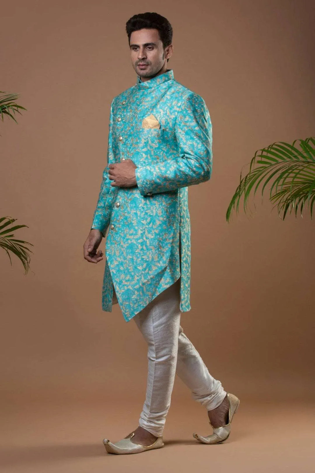 Deep Sky Blue Brocade Indo-Western Set (Outside Ontario) - myethnicrentals