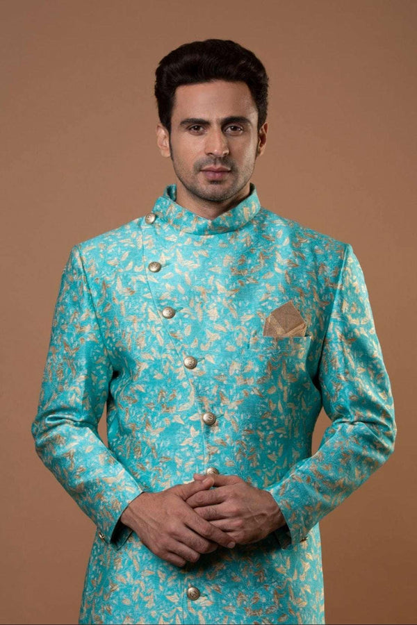 Deep Sky Blue Brocade Indo-Western Set (Outside Ontario) - myethnicrentals