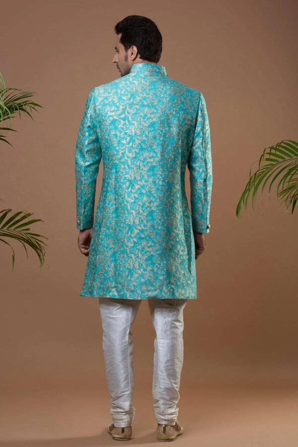 Deep Sky Blue Brocade Indo-Western Set (Outside Ontario) - myethnicrentals