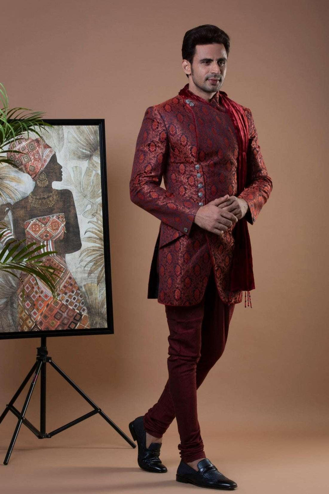 Red Brocade Indo-Western Set (Outside Ontario) - myethnicrentals