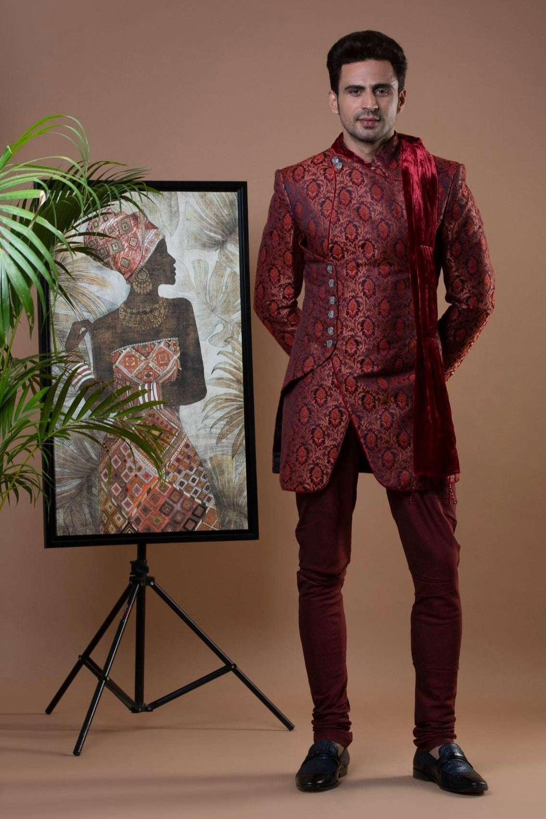 Red Brocade Indo-Western Set (Outside Ontario) - myethnicrentals