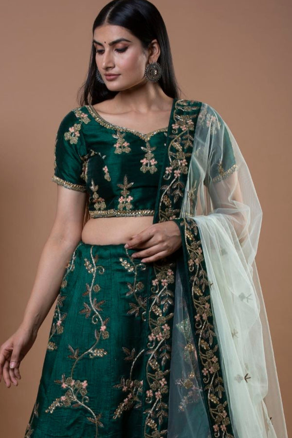 DEEP GREEN CREPE SILK LEHENGA