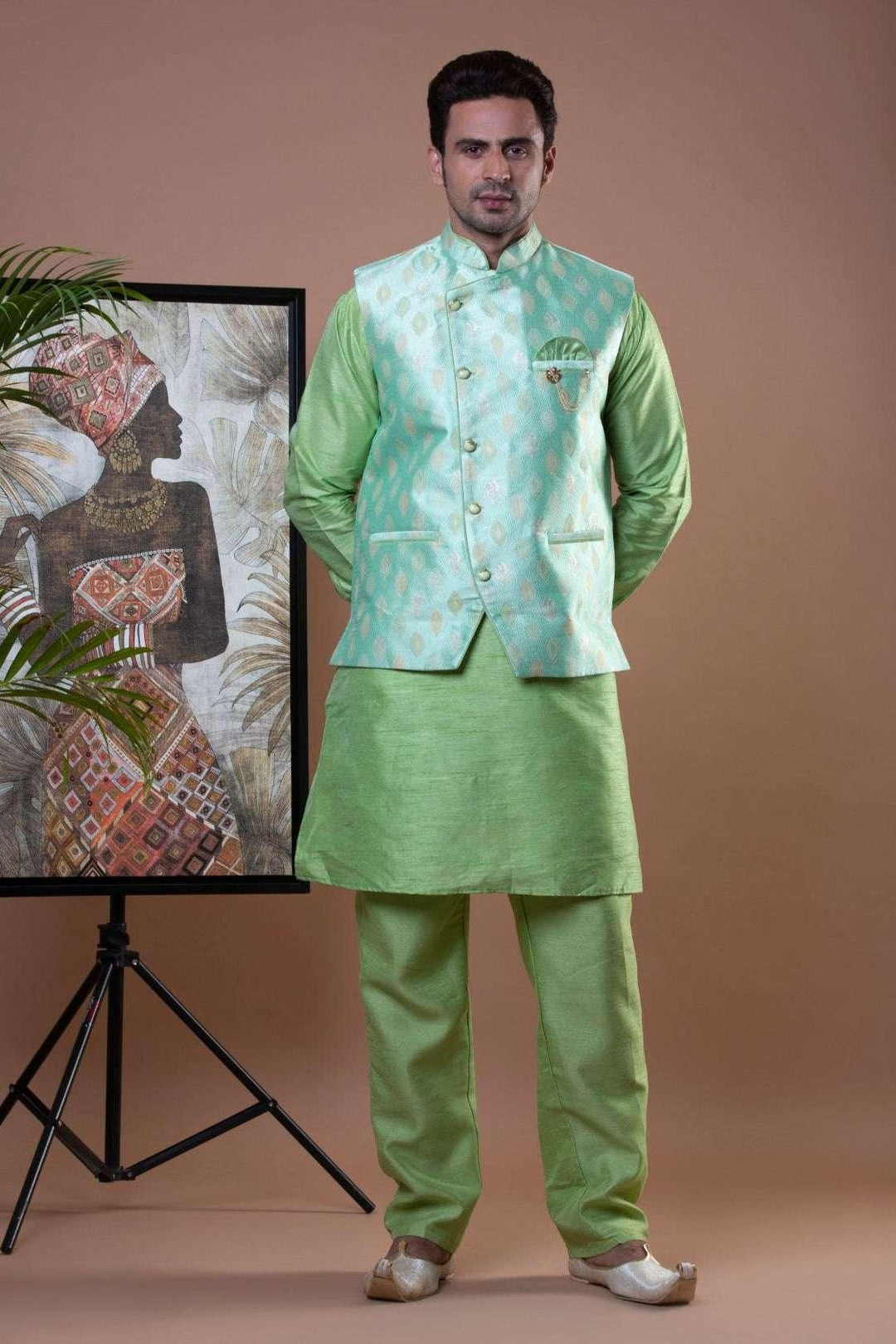 Pista Green Kurta Pajama with Nehru Jacket (Outside Ontario) - myethnicrentals