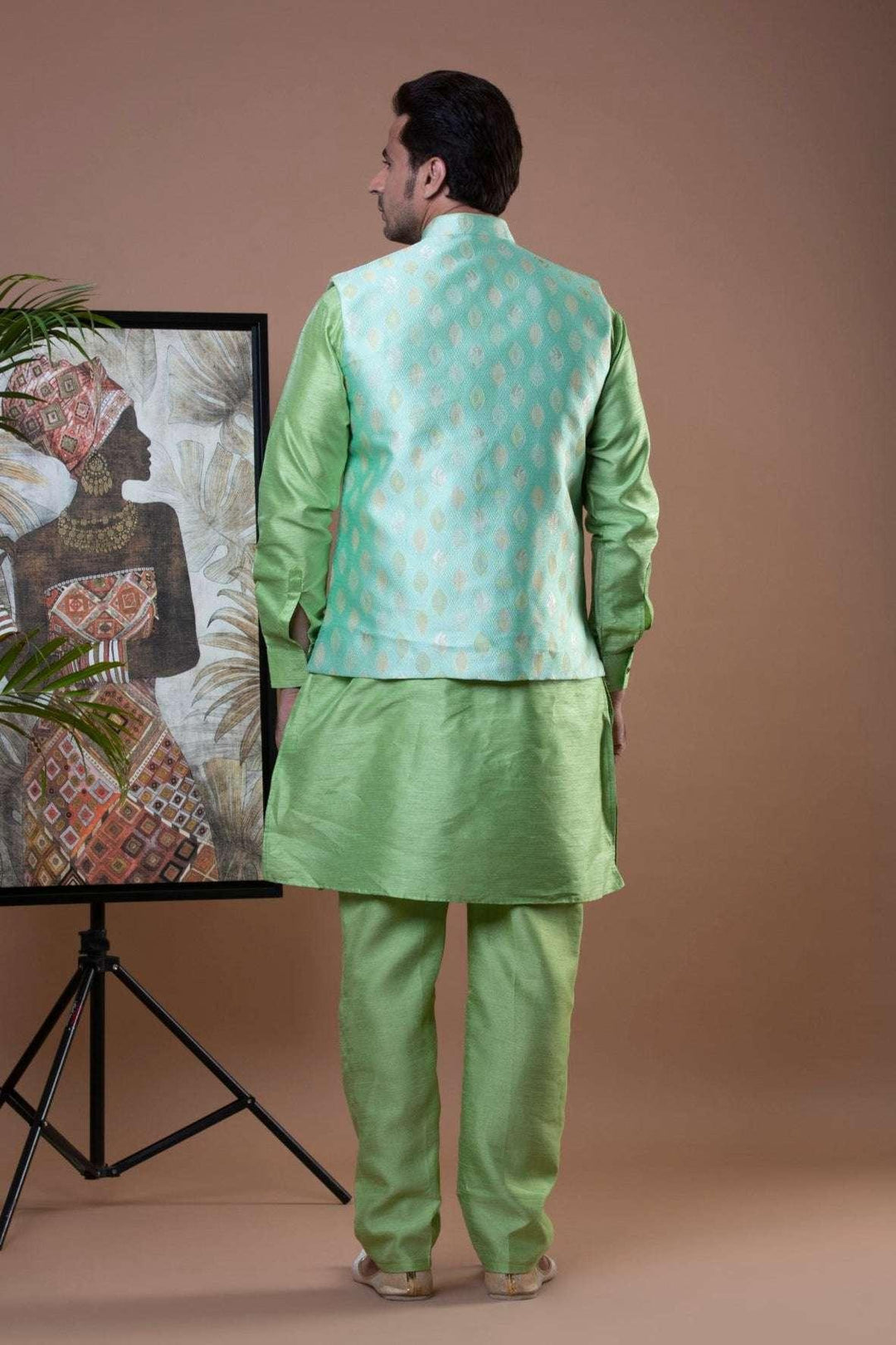 Pista Green Kurta Pajama with Nehru Jacket (Outside Ontario) - myethnicrentals