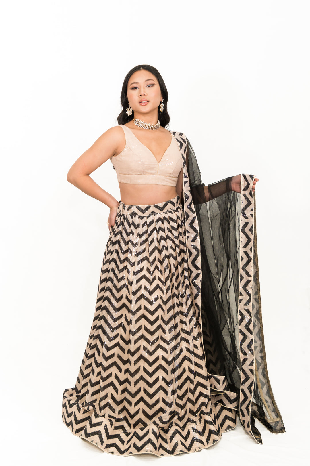 Black Chevron Embroidery Lehenga