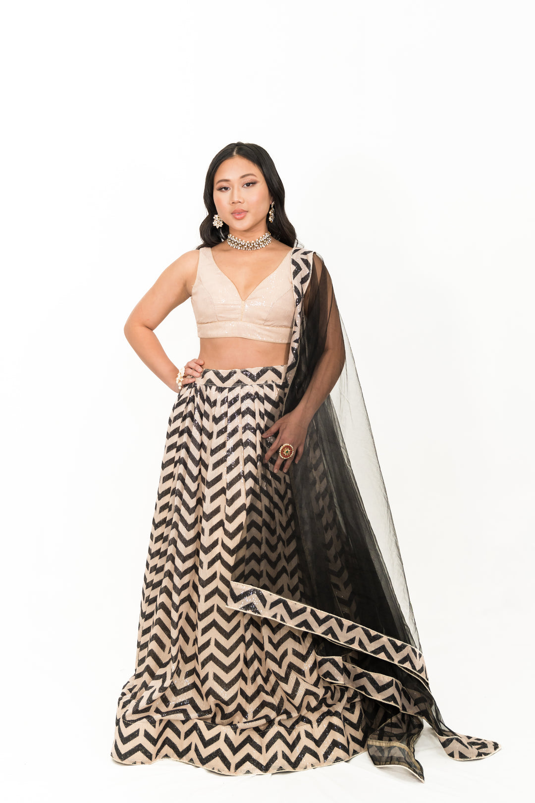 Black Chevron Embroidery Lehenga