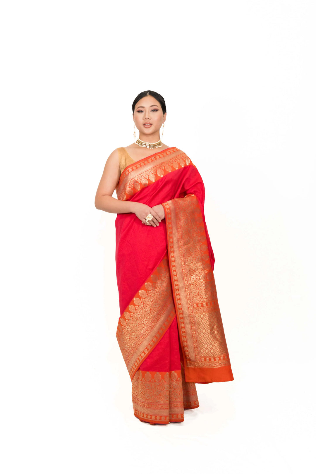 Strawberry Pink and Golden Embroidery Saree (Outside Ontario) - myethnicrentals
