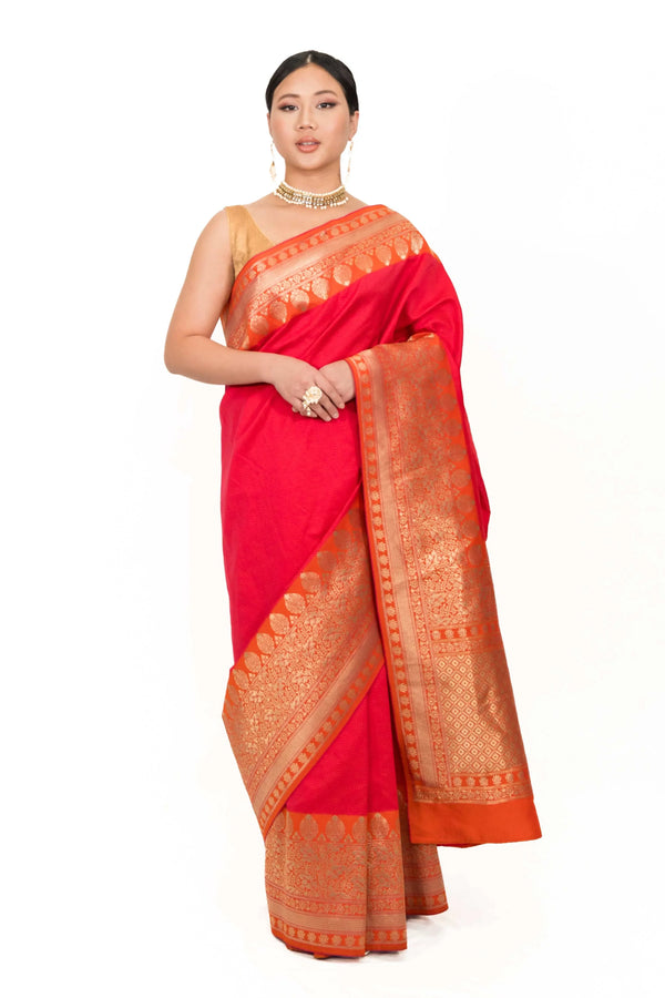 Strawberry Pink and Golden Embroidery Saree (Outside Ontario) - myethnicrentals