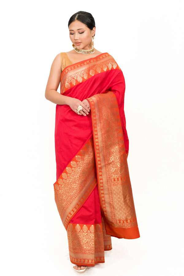 Strawberry Pink and Golden Embroidery Saree (Outside Ontario) - myethnicrentals