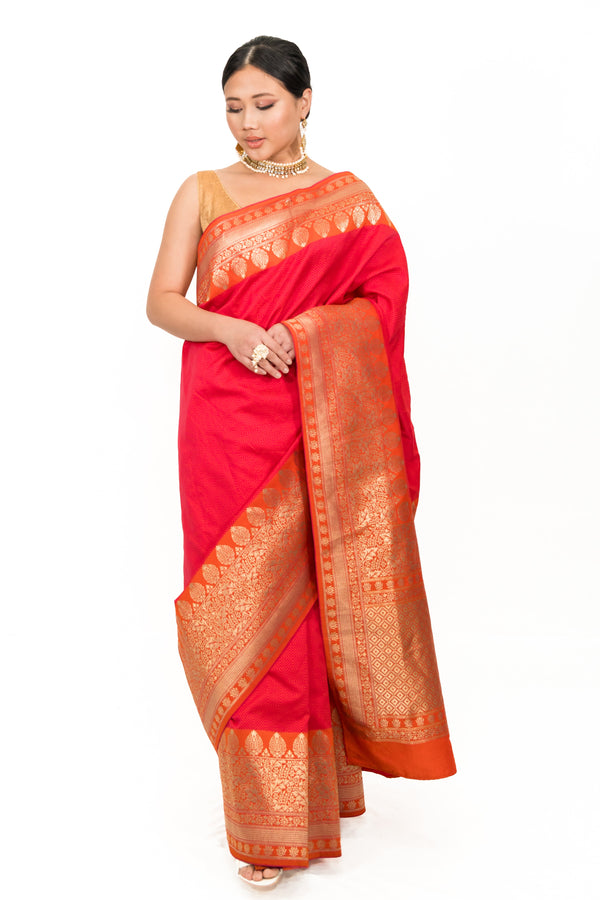 Strawberry Pink and Golden Embroidery Saree