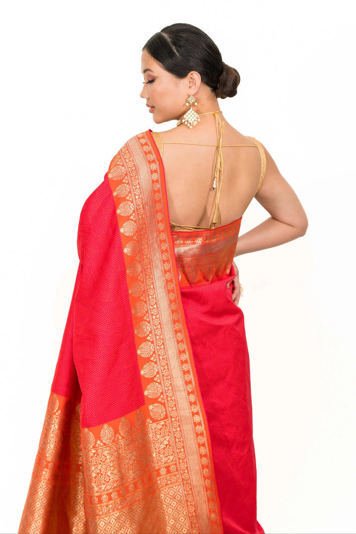 Strawberry Pink and Golden Embroidery Saree (Outside Ontario) - myethnicrentals