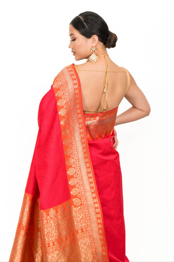 Strawberry Pink and Golden Embroidery Saree