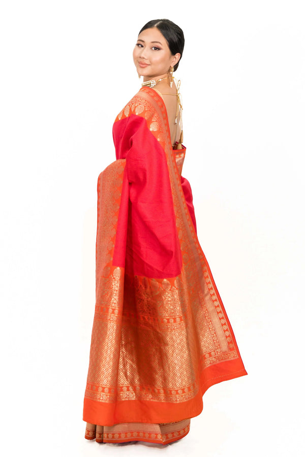 Strawberry Pink and Golden Embroidery Saree (Outside Ontario) - myethnicrentals