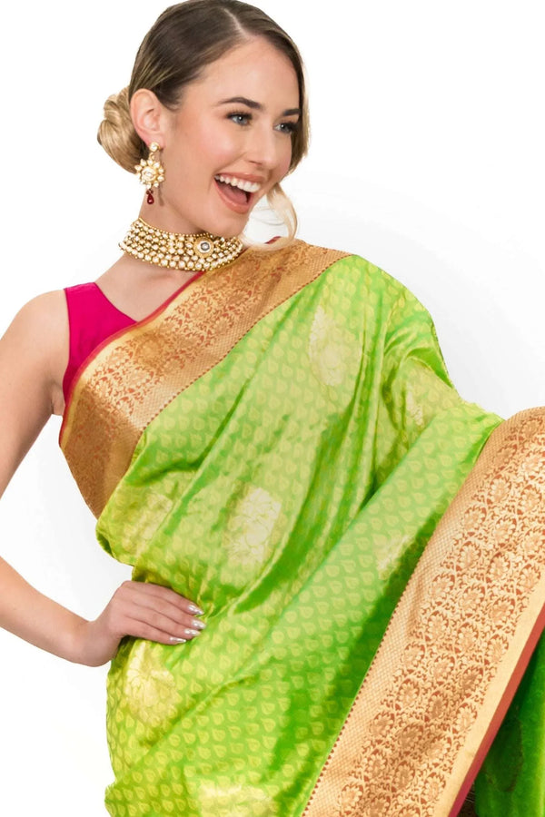 Lime Green Banarsi silk Saree (Outside Ontario) - myethnicrentals