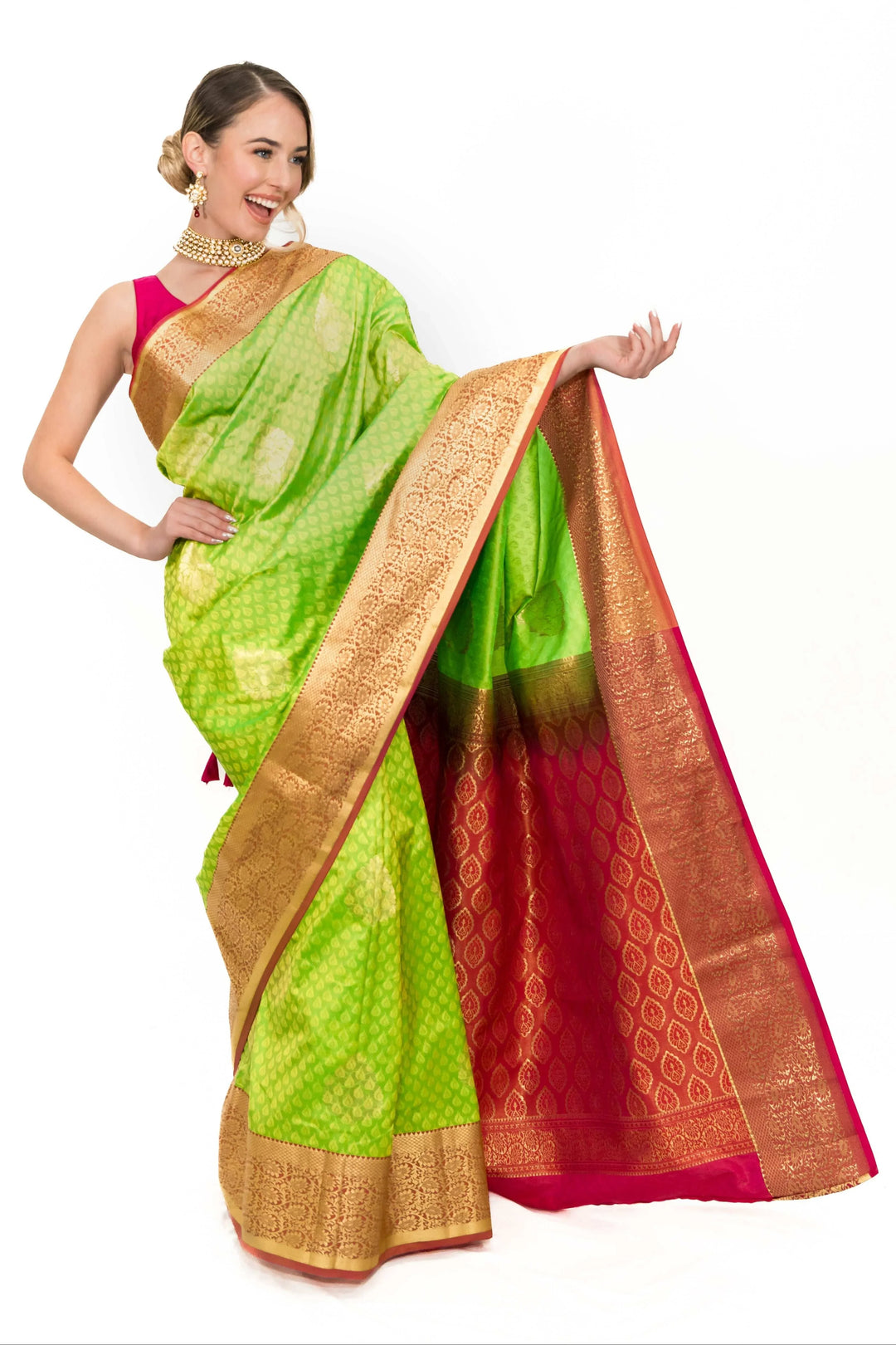 Lime Green Banarsi silk Saree (Outside Ontario) - myethnicrentals