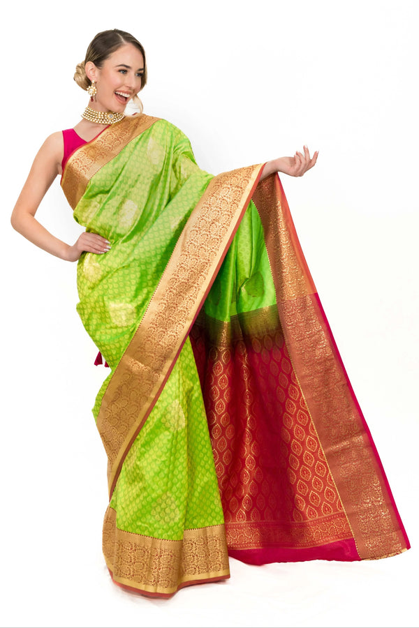 Lime Green Banarsi silk Saree (Outside Ontario) - myethnicrentals
