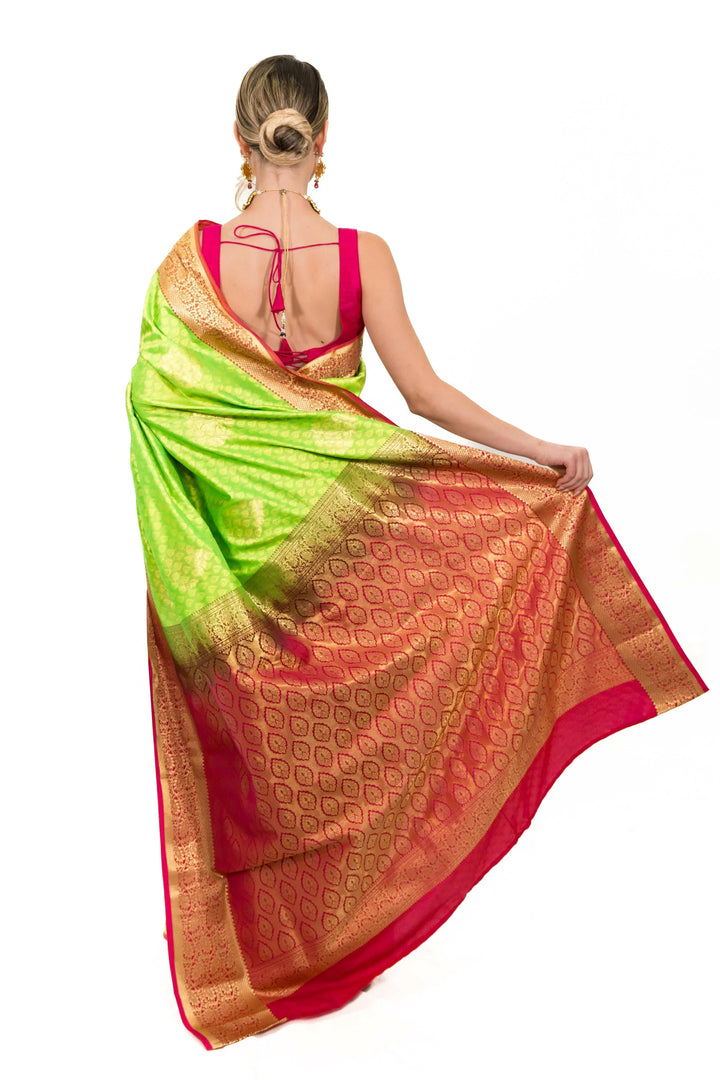 Lime Green Banarsi silk Saree (Outside Ontario) - myethnicrentals