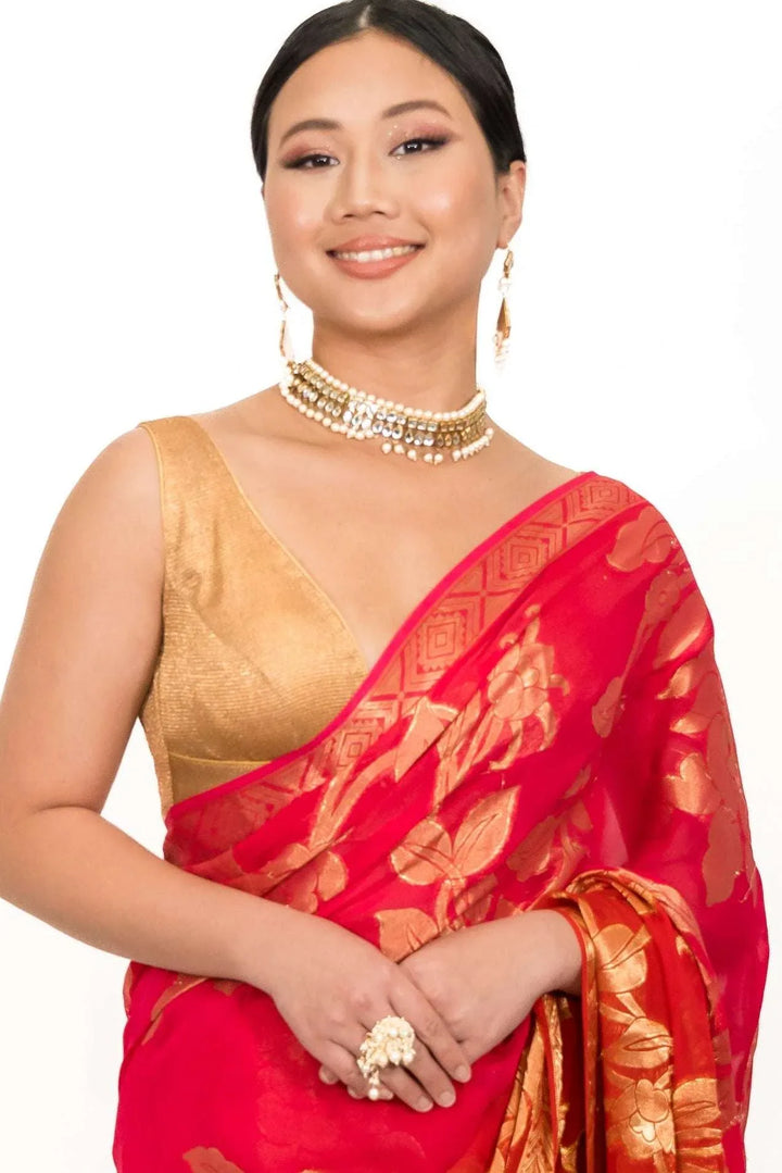 Carrot Red Gerogette Banarsi Saree (Outside Ontario) - myethnicrentals