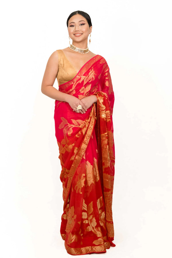 Carrot Red Gerogette Banarsi Saree (Outside Ontario) - myethnicrentals