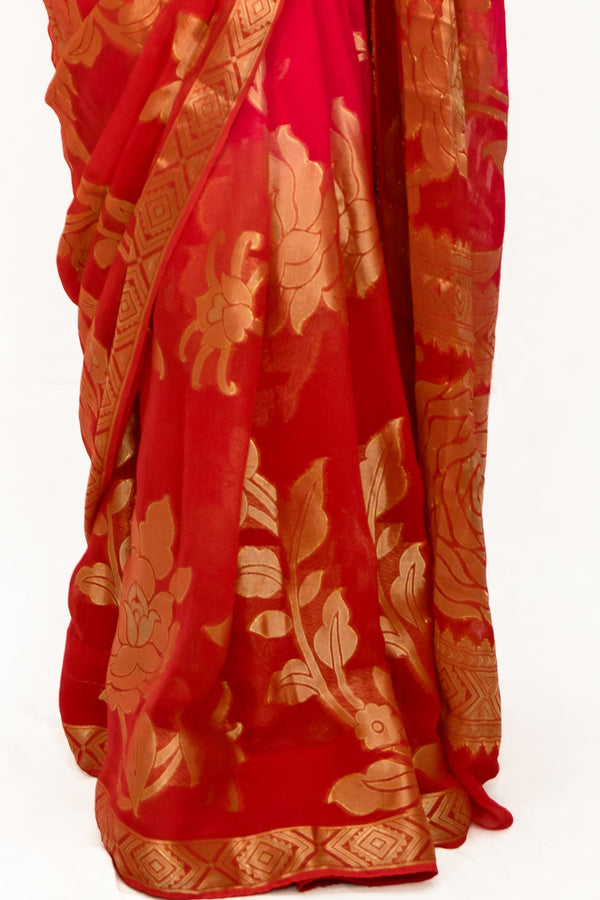 Carrot Red Gerogette Banarsi Saree