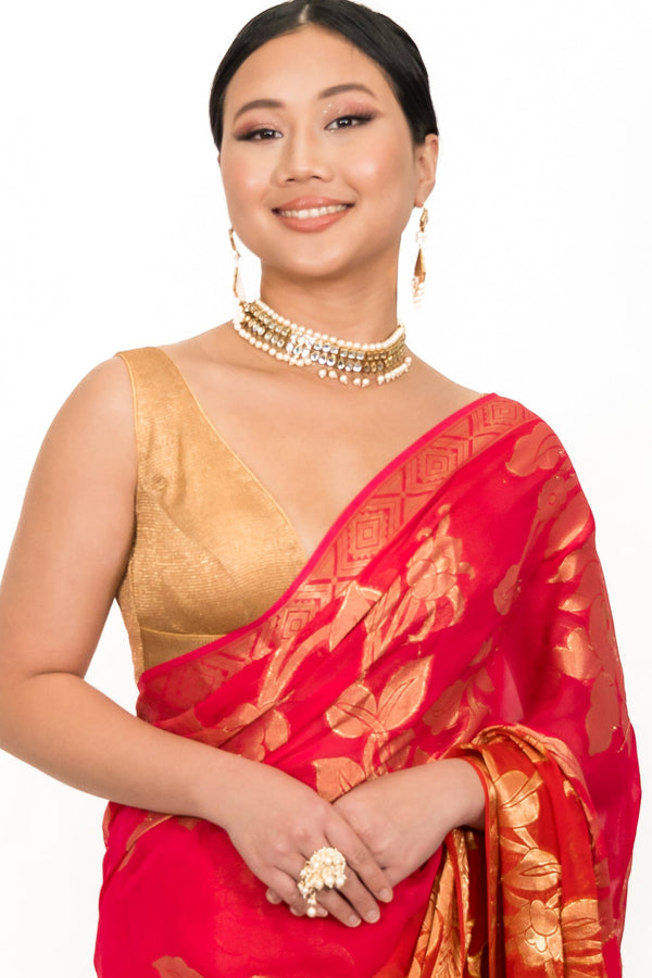 Carrot Red Gerogette Banarsi Saree