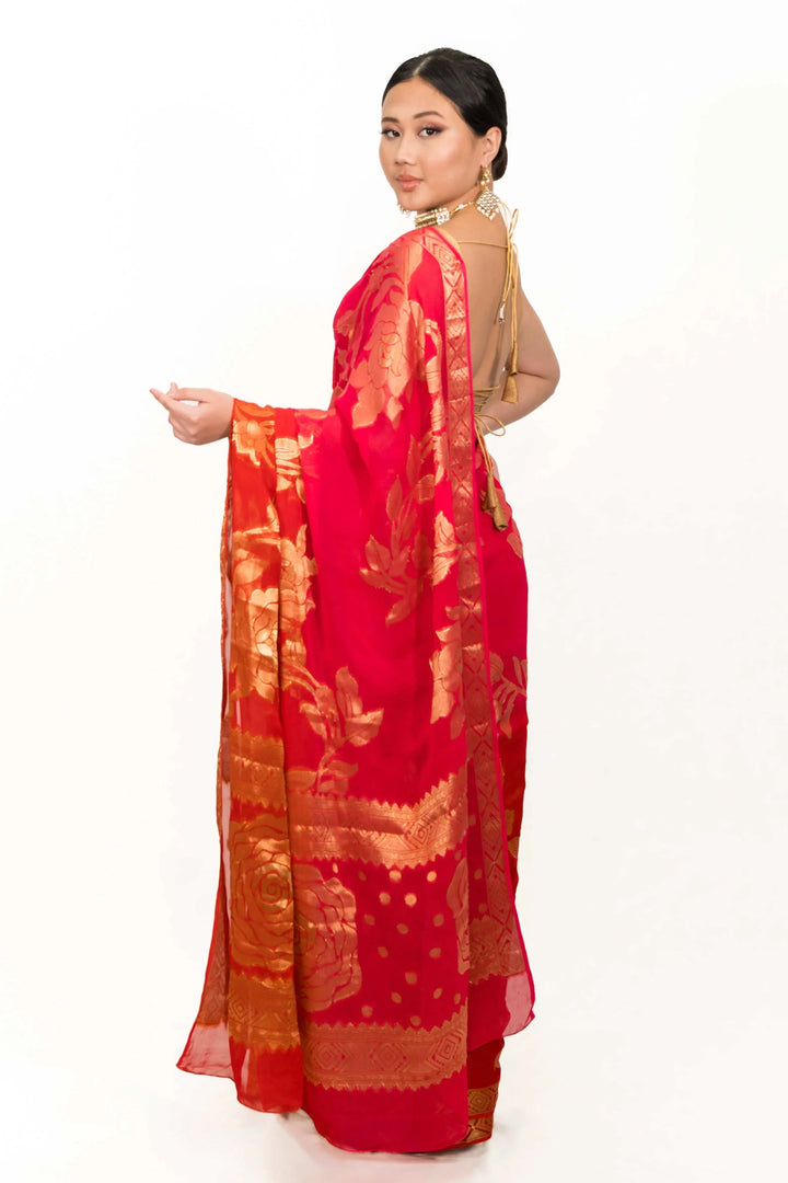Carrot Red Gerogette Banarsi Saree (Outside Ontario) - myethnicrentals