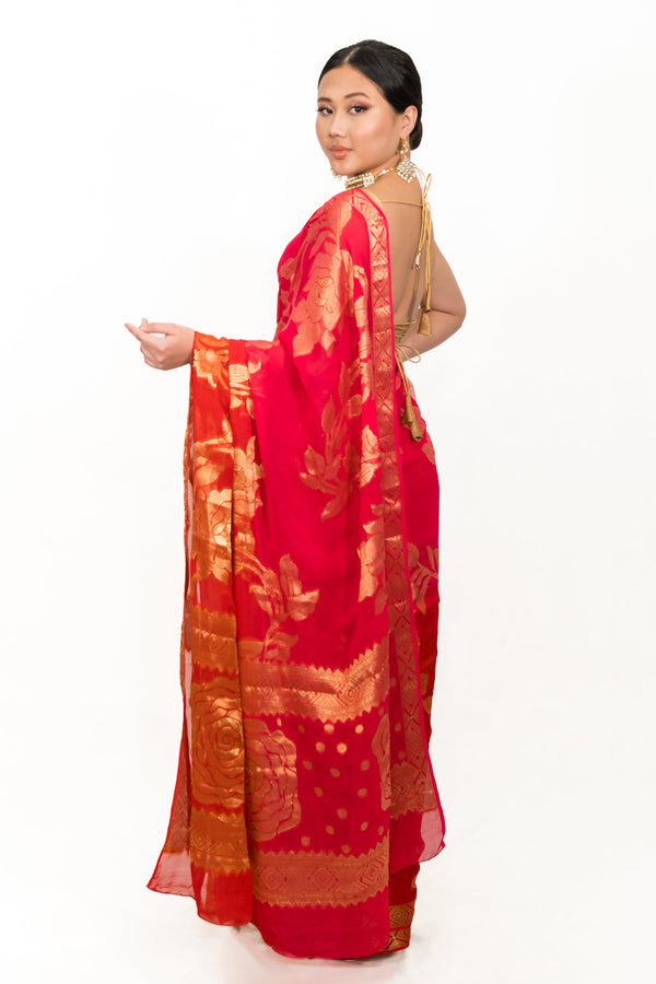 Carrot Red Gerogette Banarsi Saree