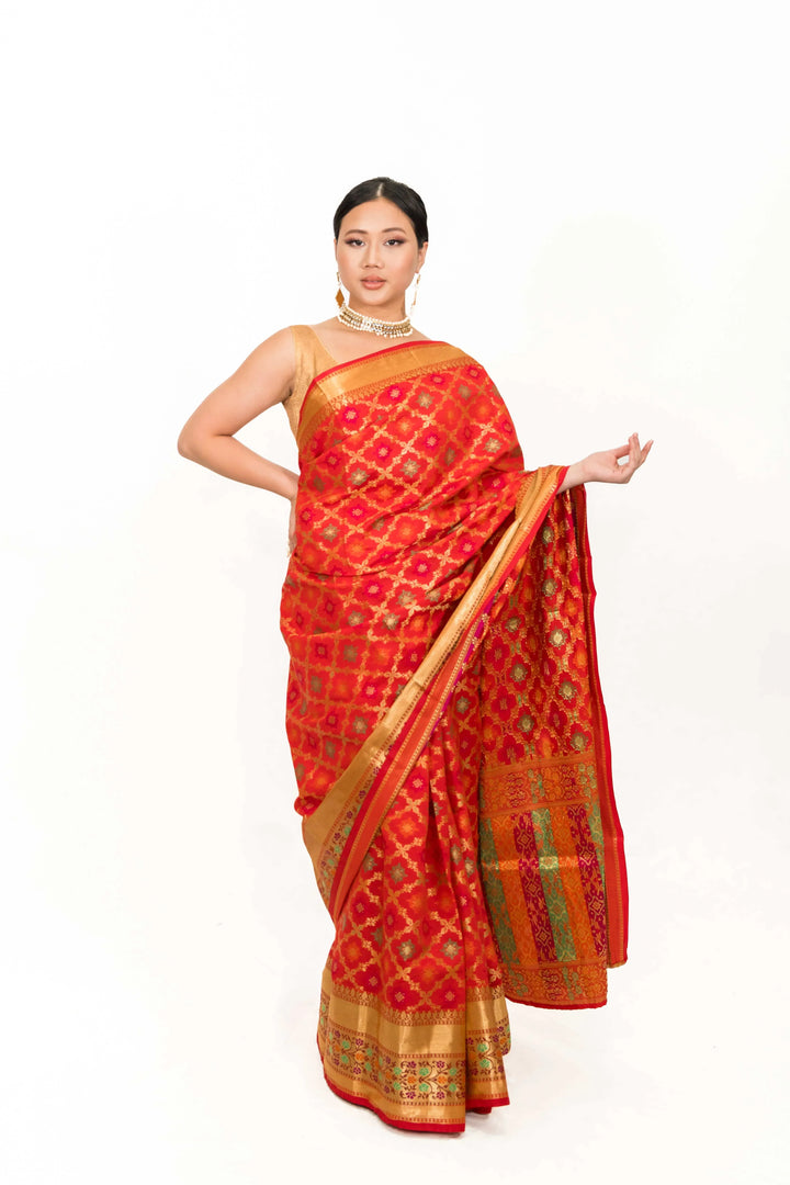 Rust red woven Banarasi Saree (Outside Ontario) - myethnicrentals