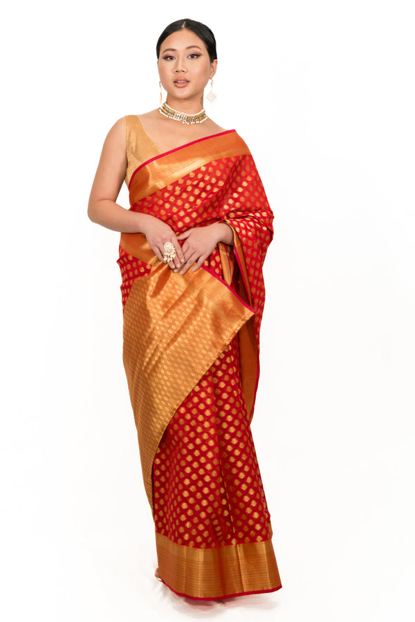 Red polka dot zari work Saree