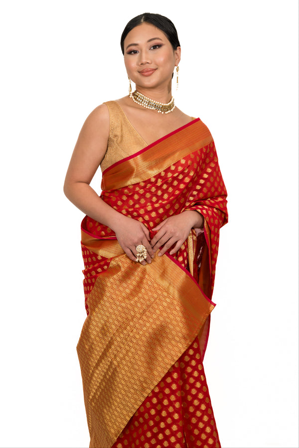 Red polka dot zari work Saree
