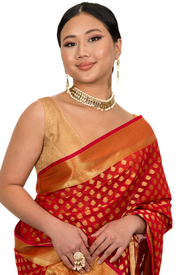 Red polka dot zari work Saree