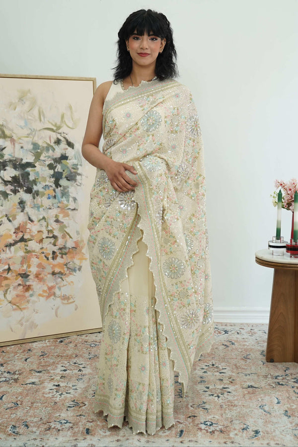 Cream Heavy sequins Embroidery Saree (Outside Ontario) - myethnicrentals